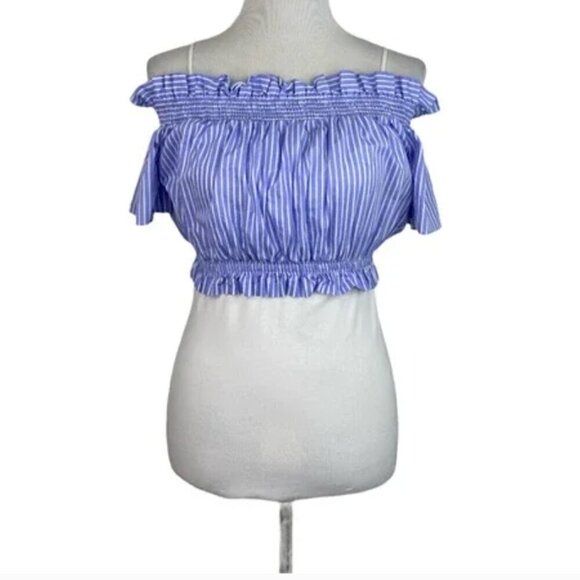 Zara Crop Top XS Off Shoulder Striped Ruffle Back Tie Summer Blue White Cinched - Picture 5 of 10